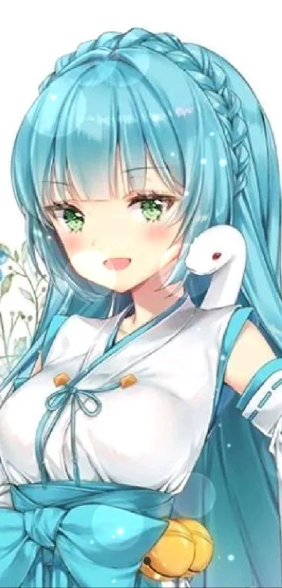 Anime girl in turquoise outfit with floral accents.