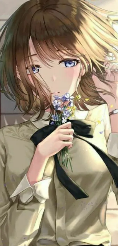 Anime girl holding flowers, beige tone.