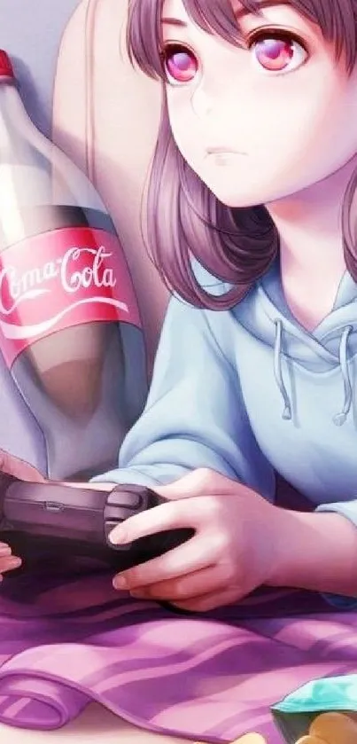 Anime girl with controller and bottle, pastel hues.