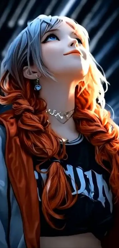 Anime girl gazing upwards with vibrant colors in mobile wallpaper.