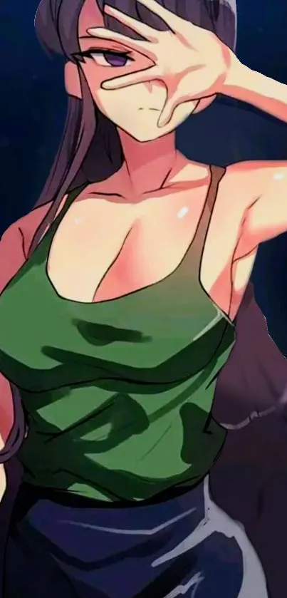 Anime girl with green top and dark blue background.