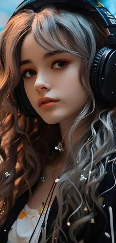 Anime girl with headphones, digital art wallpaper.