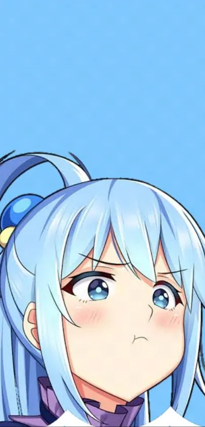 Anime girl with blue hair and cute expression on a light blue background.