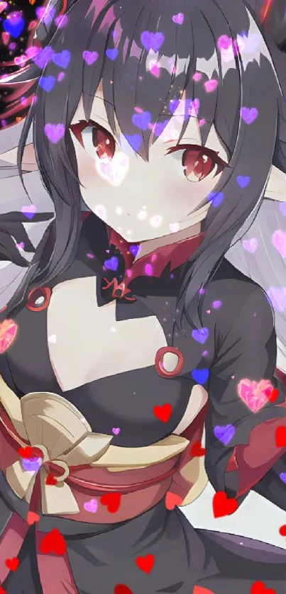 Anime girl with hearts wallpaper, vibrant aesthetic.