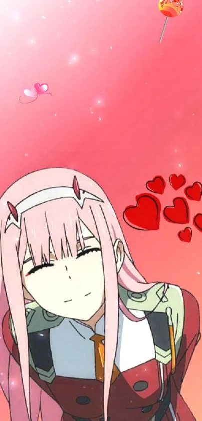 Anime girl with pink hair and hearts on a pink background.