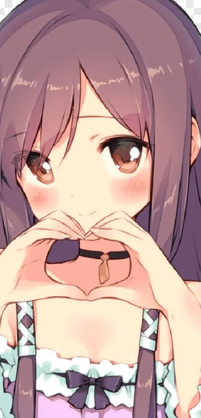 Cute anime girl with brown hair making a heart gesture.