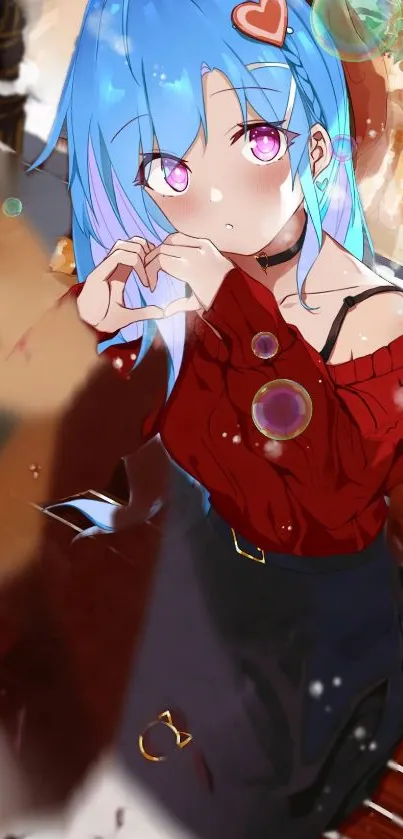 Anime girl with blue hair and heart hand gesture on vibrant mobile wallpaper.