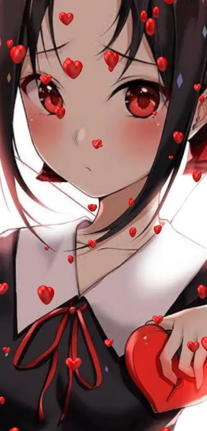 Anime girl with red hearts wallpaper, perfect for mobile background.