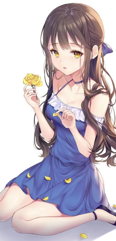 Anime girl in blue dress holding a yellow rose.