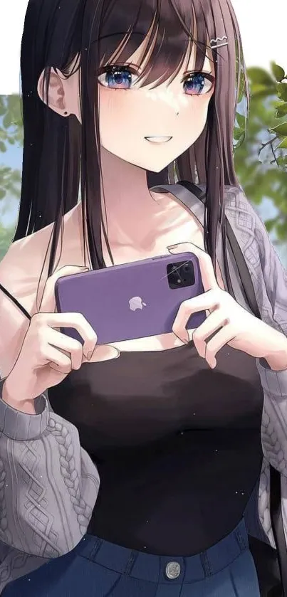 Anime girl holding a smartphone in a park setting.