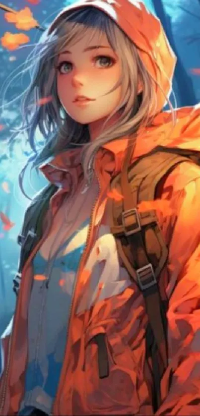 Anime girl in an orange jacket walking through an autumn forest.