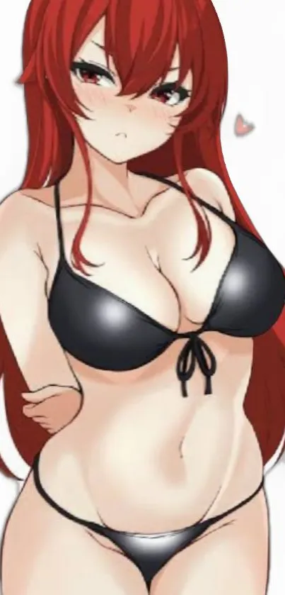 Anime girl with red hair in a black bikini on a minimalistic background.