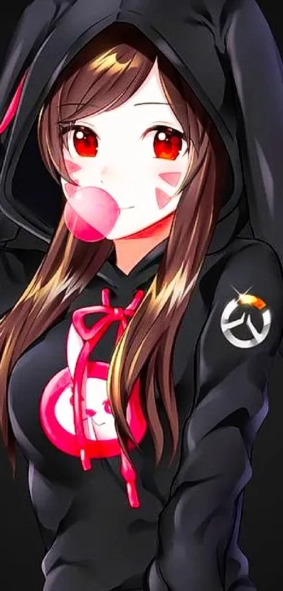 Anime girl in black hoodie with bubblegum pop.