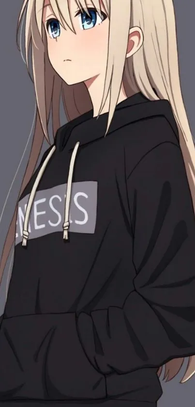 Anime girl with long blonde hair in a black hoodie on a gray background.