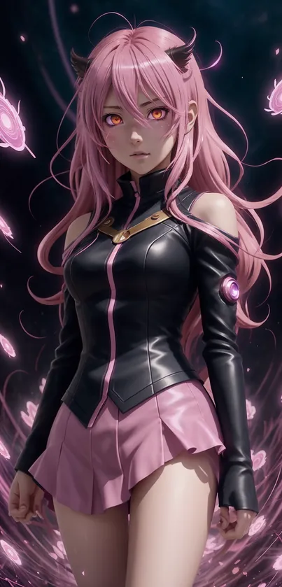 Pink-haired anime girl in black leather clothing.