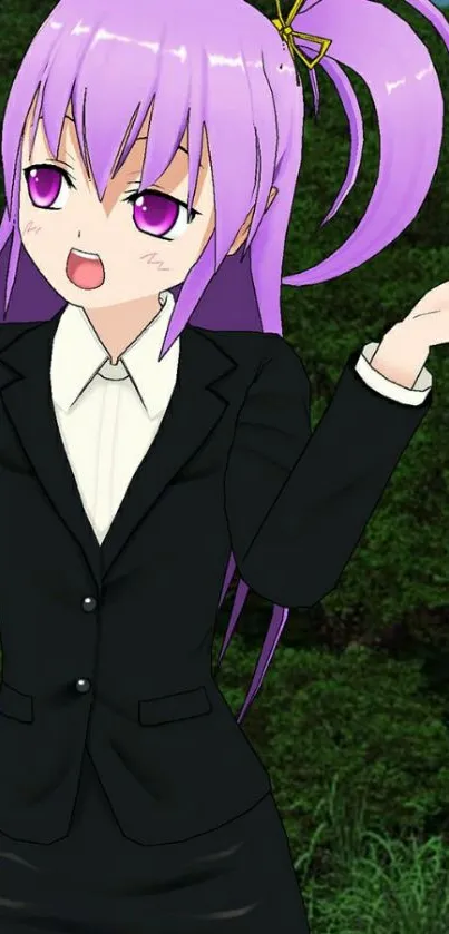 Anime girl with purple hair in a black suit with green background.