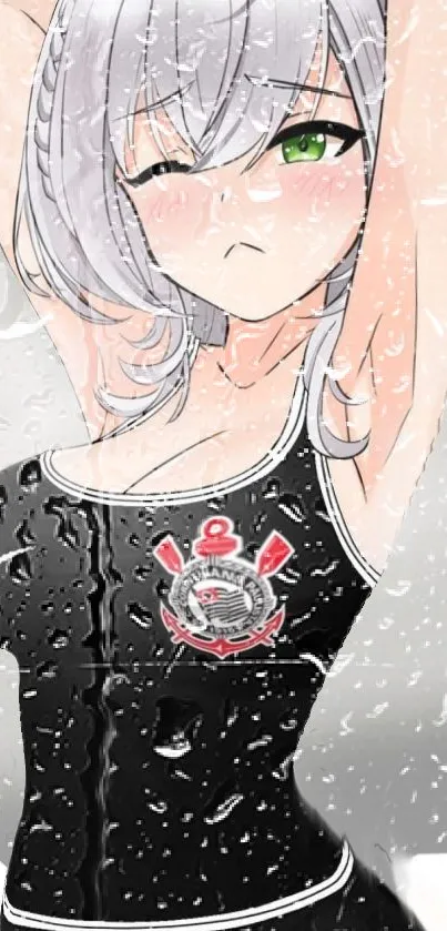 Anime girl in black swimsuit with wet effect on wallpaper.