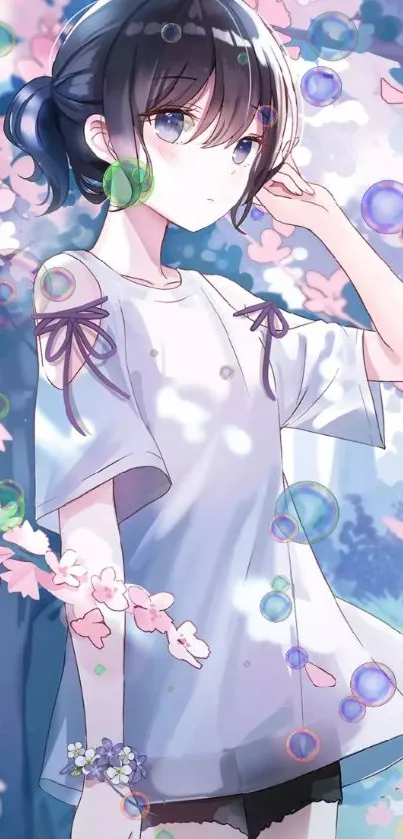 Anime girl in white dress with cherry blossoms.