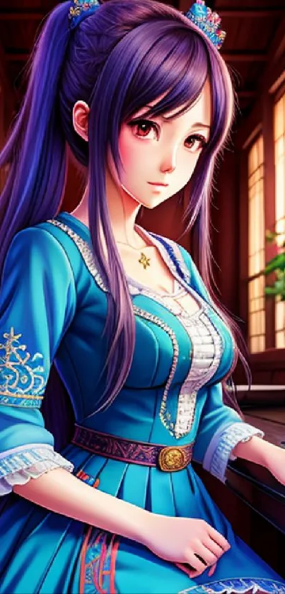 Anime girl in blue dress with intricate details.