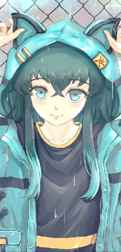 Anime girl with turquoise hair wearing a blue hoodie, standing in rain.