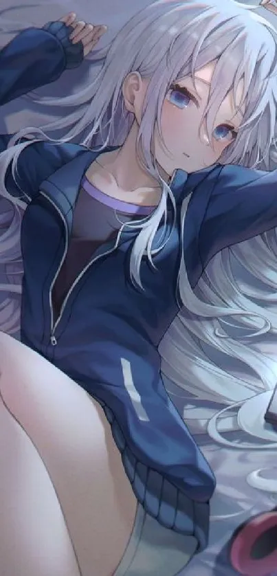 Anime girl with white hair lying down in a blue jacket, holding a phone.