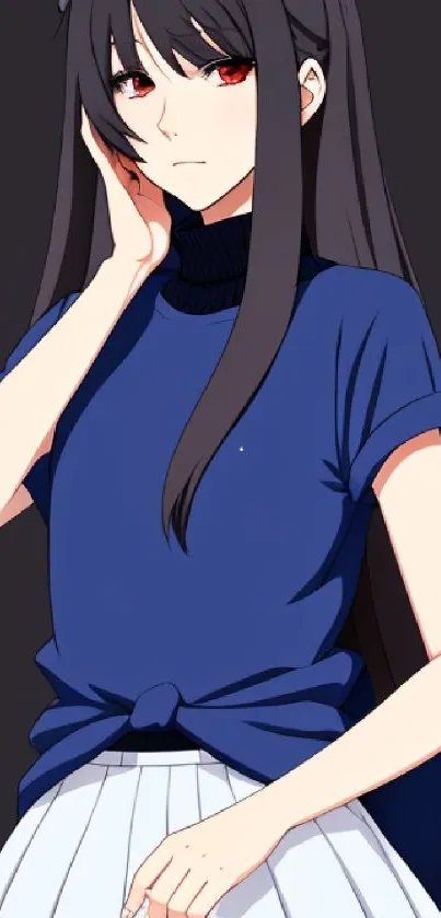 Anime girl in a blue shirt with long dark hair and red eyes.