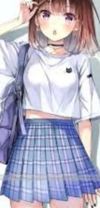 Anime girl with a blue plaid skirt and white top, holding a purple backpack.