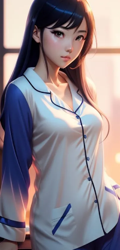 Anime girl in blue and white pajamas with a serene expression, soft light background.