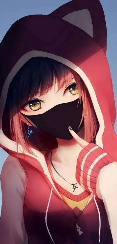 Anime girl in red cat ear hoodie and mask.