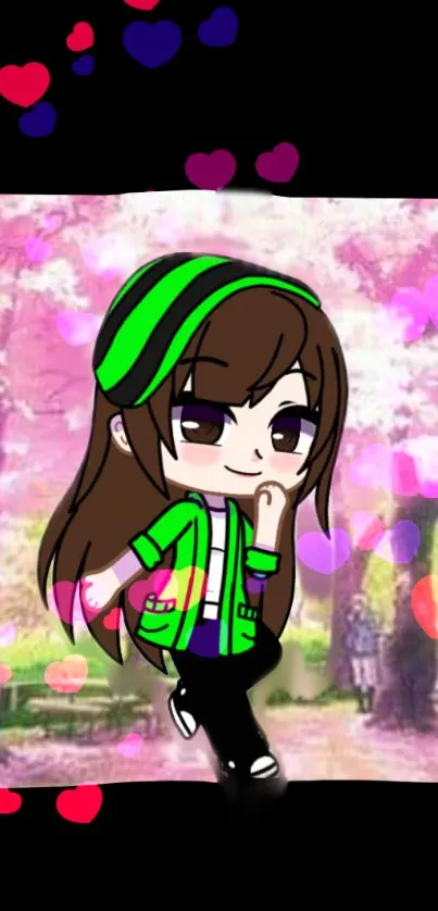 Anime girl in green with cherry blossoms and colorful hearts.