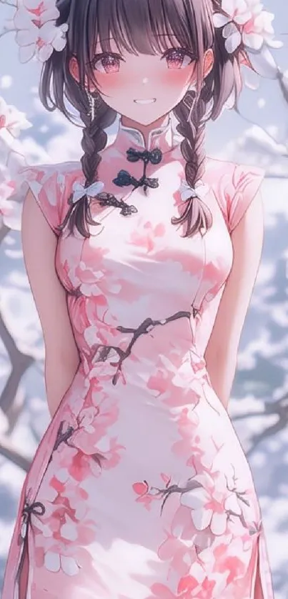 Anime girl in a cherry blossom dress.
