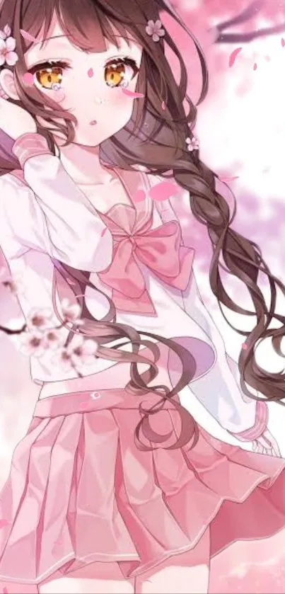 Anime girl surrounded by cherry blossoms in a pink themed background.