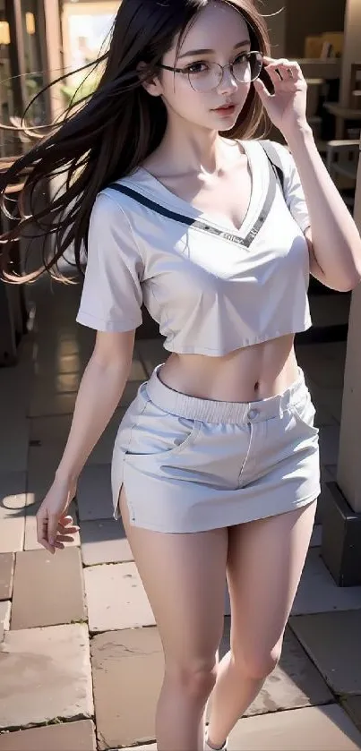 Anime girl with glasses in chic, light-colored outfit, walking confidently.