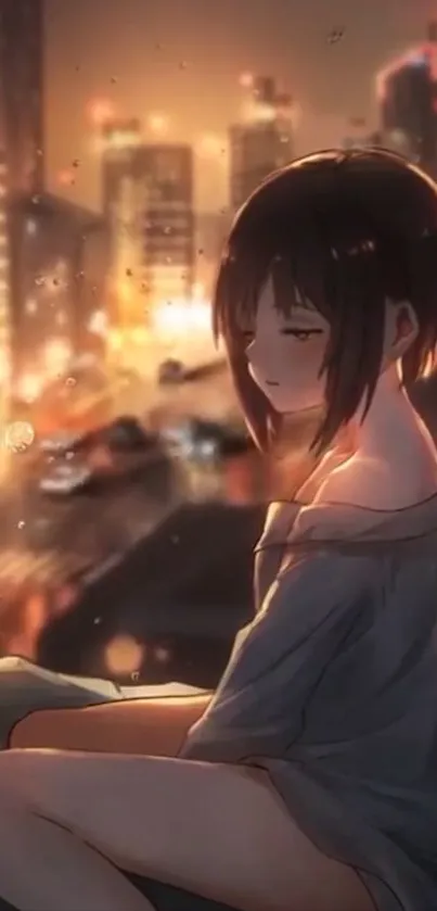 Anime girl sitting against a blurred city backdrop with warm lighting.