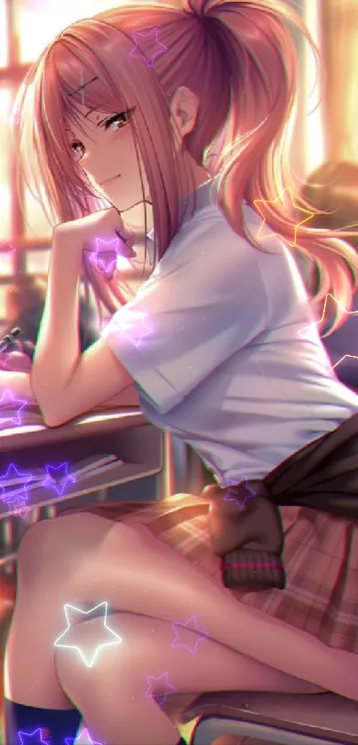 Anime girl in classroom setting with peach tones and a thoughtful pose.