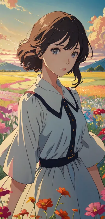 Anime girl in a colorful field of flowers with a serene sky.