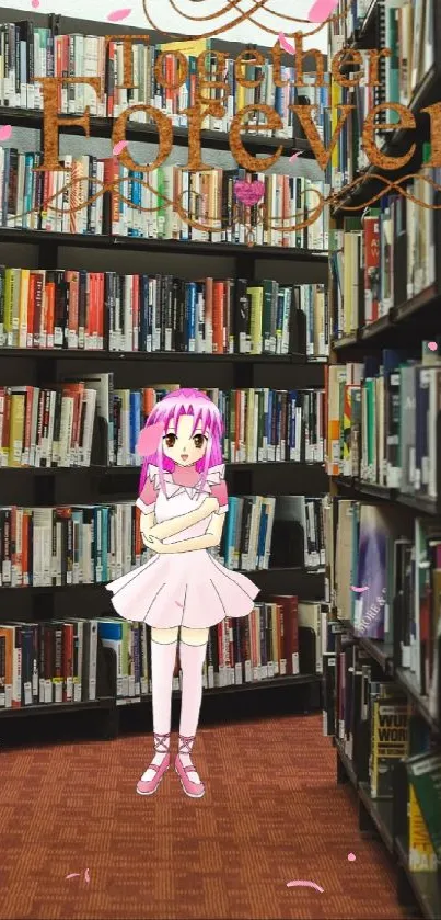 Anime girl in a cozy library filled with books, creating a serene reading atmosphere.