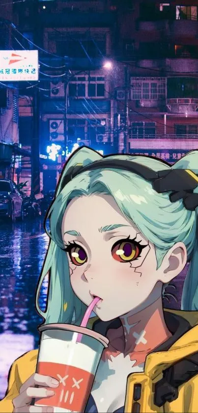 Anime girl sipping drink in neon city background.