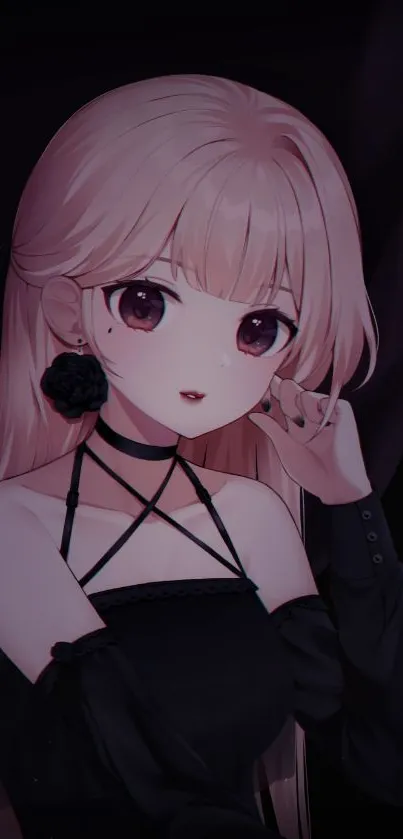 Anime girl with dark theme, elegant design, soft pink and dark hues.