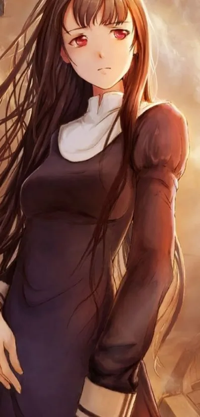 Anime girl with flowing hair in warm, dramatic lighting.