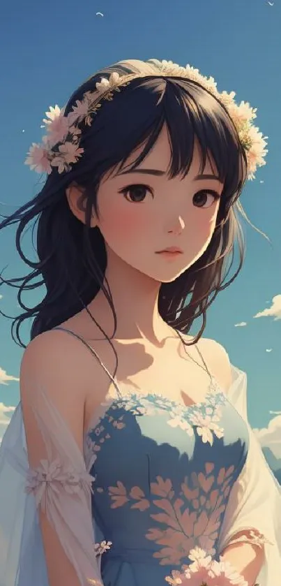 Anime girl in a blue floral dress under a clear sky.