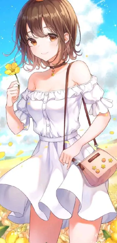 Anime girl in a white dress holding flowers in a bright, sunlit field.