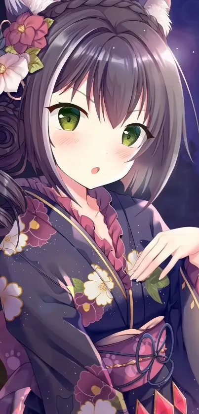 Anime girl in floral kimono with dark purple background.