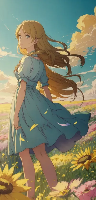 Anime girl in blue dress with sunflowers in a field under a clear sky.