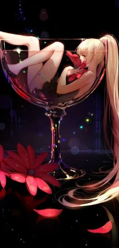 Anime girl with long hair resting in glass cup surrounded by flowers.