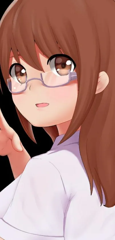 Anime girl with glasses and brown hair on a black background.