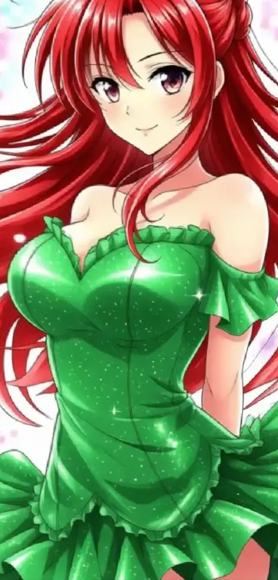 Anime girl with red hair in a green dress