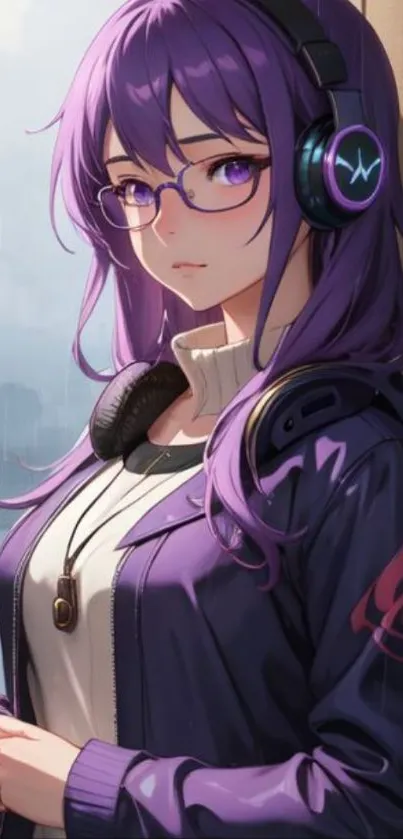 Anime girl with purple hair and headphones in a modern style wallpaper.