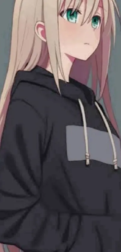 Anime girl with black hoodie and green eyes on phone wallpaper.