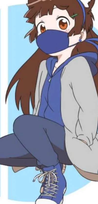 Anime girl wearing hoodie and mask with brown hair.